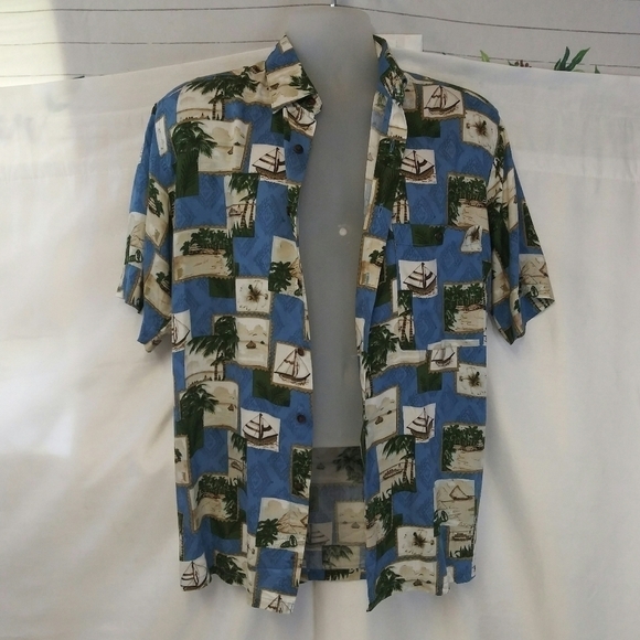 𝅺John Ashford Blue Sailboat Palm Leaf Print Short Sleeve Button Down Shirt - Picture 4 of 8